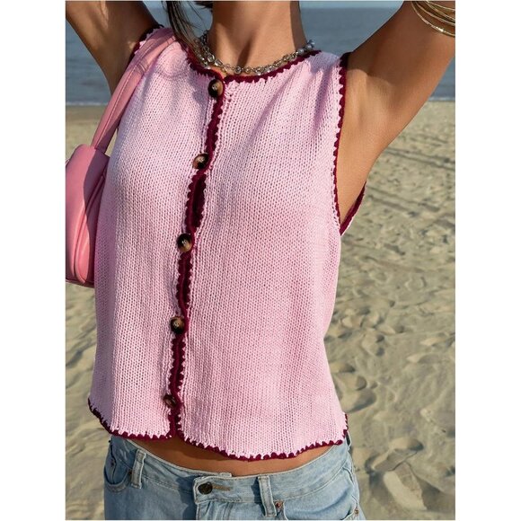 Women's Cropped Sweater Vest Acrylic Sleeveless Button Up Knit Top - Picture 3 of 6